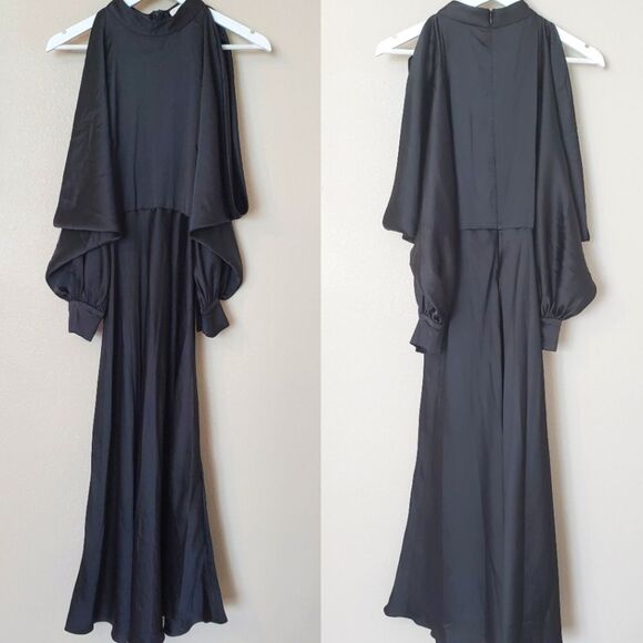 ARIAS Black Halter Neck Satin Cold Shoulder Midi Dress Size 10 - Picture 2 of 15